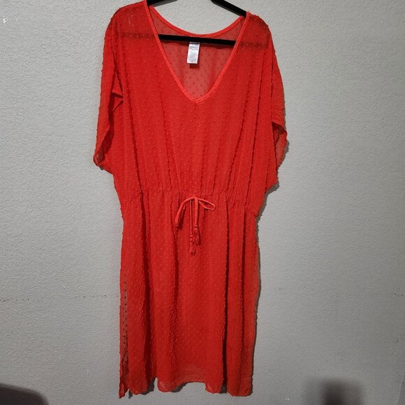 Womens Time And Tru Red Orange Sheer Dot V-Neck Dress Drawstring Waist 2X Beach - Picture 1 of 15